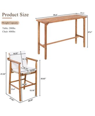 3-Piece Outdoor Dining Set with Acacia Wood Height Table and 2 Stools with Cushions
