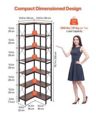 7-Tier Corner Bookshelf, 79" Tall, Metal Frame and Wooden Shelves, Industrial