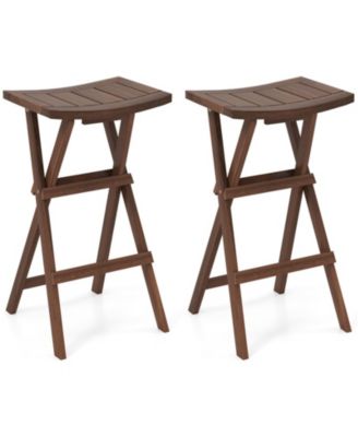 Backless Folding Counter Height Bar Stools Set of 2 with Teak Wood Frame and Saddle Seat