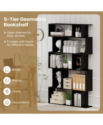 Five Tier Geometric Bookcase with Open Shelves and Cube Storage