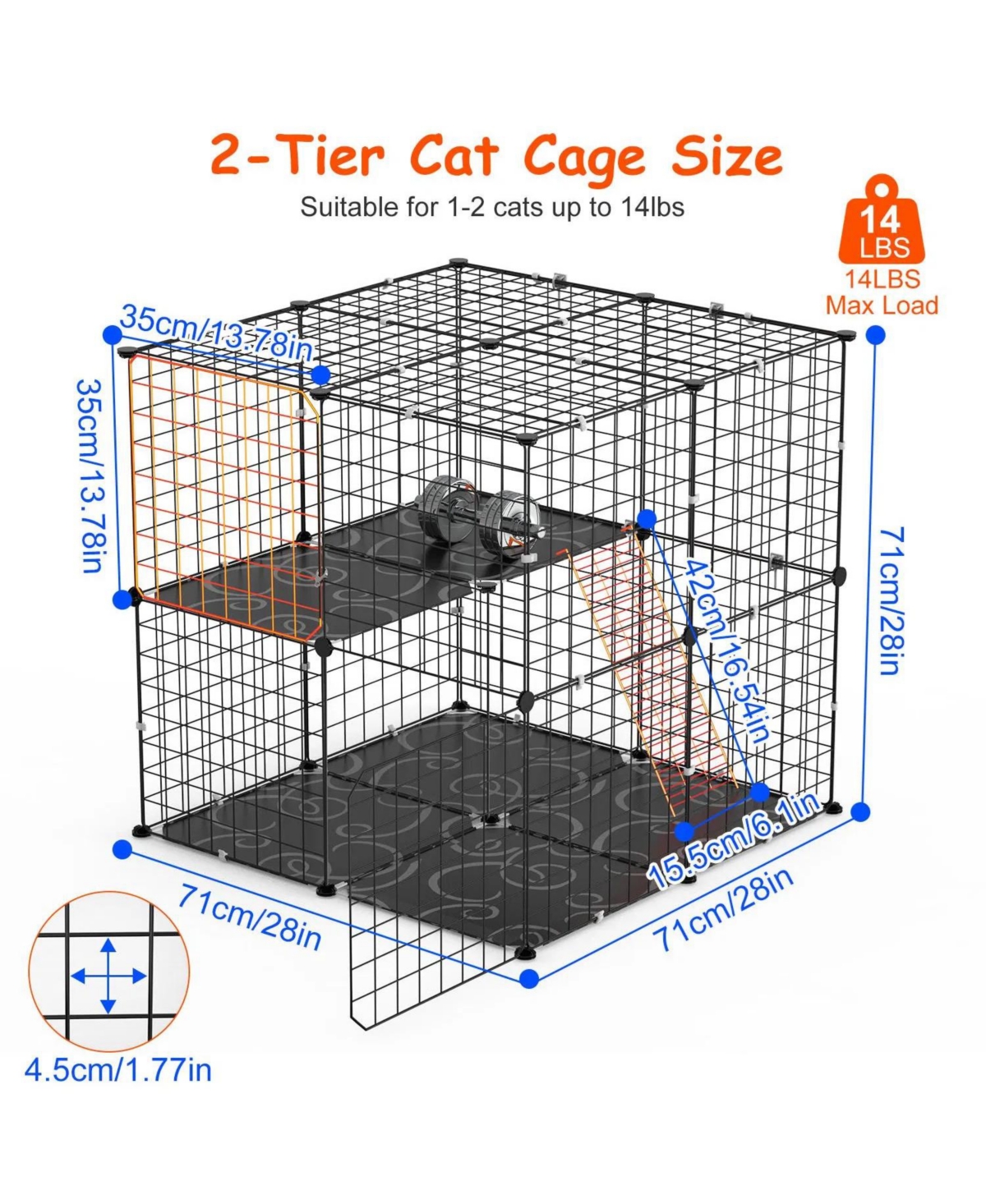 Zeus & Ruta 2 Tier Cat Cage Indoor Enclosure with Detachable Design, 2 Doors, Climbing Ladder for 1-2 Kittens