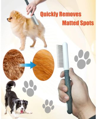 2 Pet Grooming Combs Long Short Stainless Steel Teeth T Straight Rubber Handle for Dogs Cats Flea Tick Hair Removal