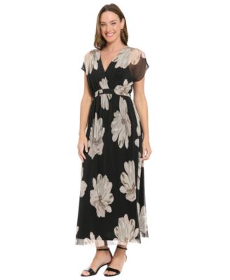London Times Petite Printed Surplice Neck Maxi Dress - Blk/l Sand - Size P/L