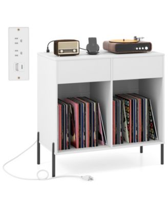 Double Wide Record Player Stand with Power Outlets and Storage