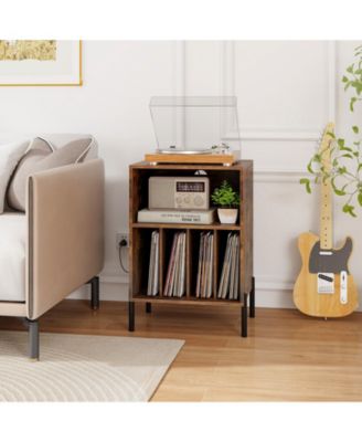 Record Player Stand with Storage Shelf and Charging Station