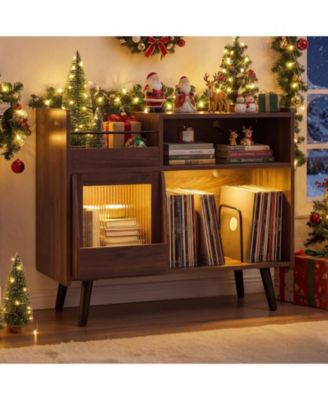 Large Record Player Stand with LED Lights Power Outlets and Door