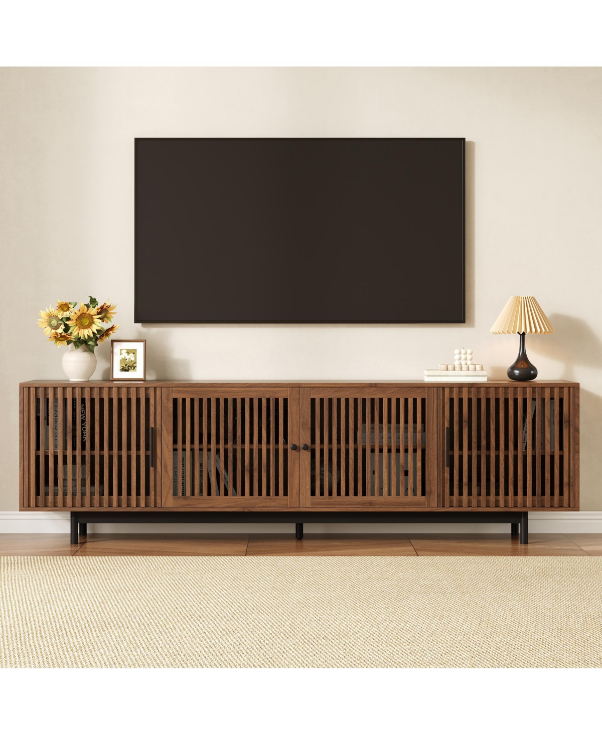 sumyeg 78 inch Modern Cabinet Tv Stand with Closed Storage & Cable Management, Soft-Closing Hinges, Solid Wood Legs - Walnut