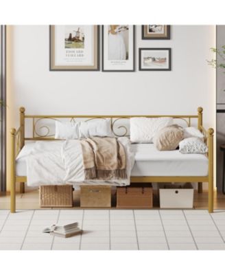 Twin Daybed Frame Metal Sofa Bed Heavy Duty Metal Slats Living Space Guest Room Space Saver Gold