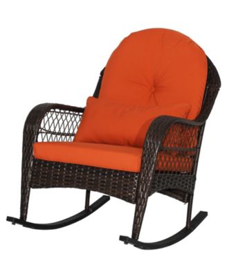 Wicker Rocking Chair w/ Orange Seat Back Cushions and Lumbar Pillow Balcony Patio