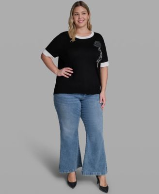 Plus Size Pearl Flower-Detail Pull-On Sweater