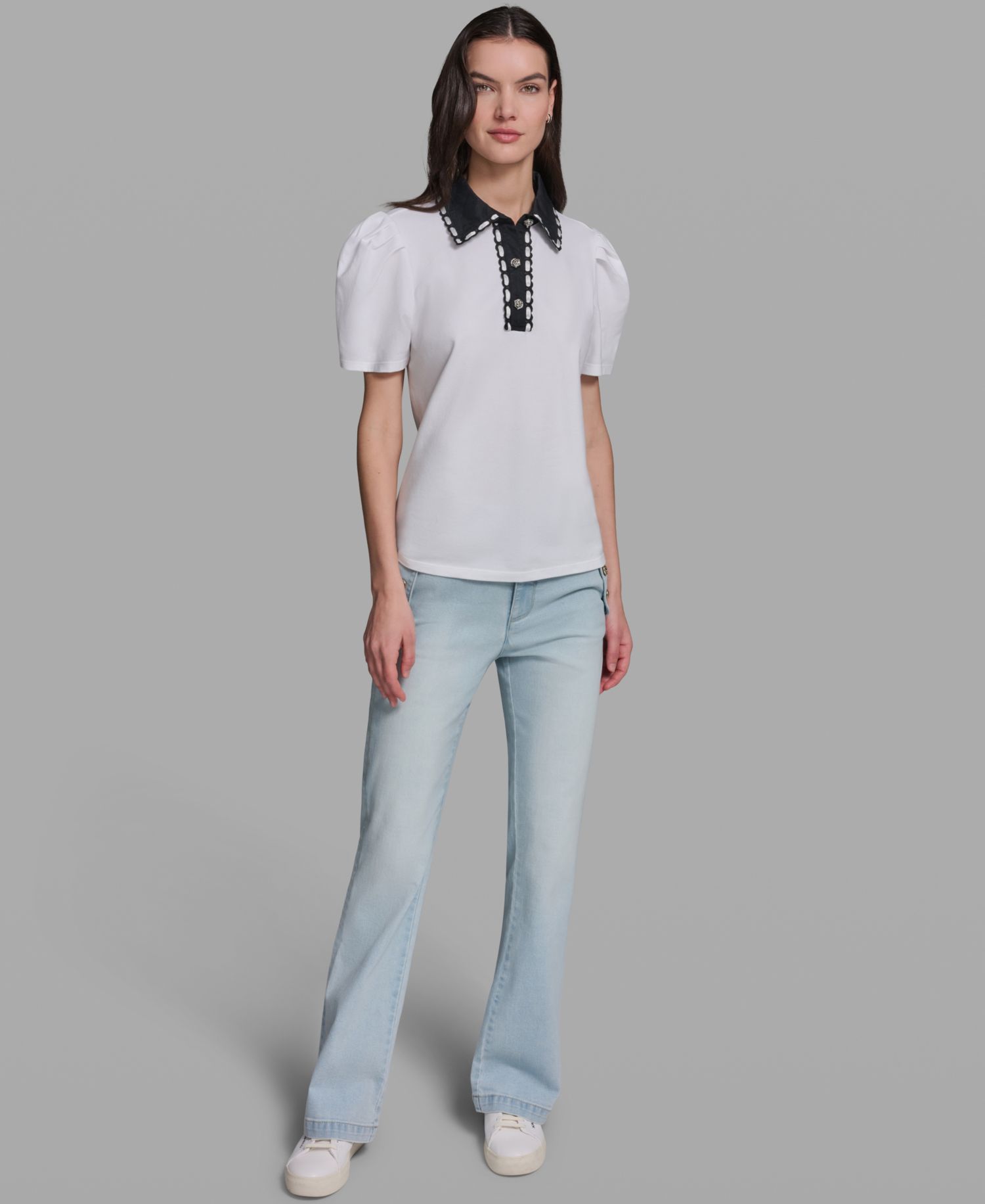 Petite Button-Up Polo Collar Top
