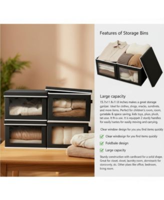 Stackable Storage Bins With Lids Foldable Closet Organizers Transparent Window Removable Lids Firm Handles 4 Pack