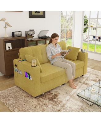 Compact Loveseat Sofa, 67" Chenille 2-Seater Couch Featuring Storage, USB Charging and Cup Holder for Small Spaces