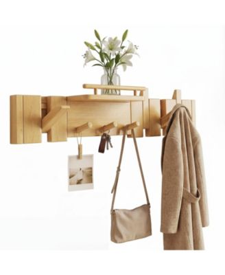Mid Century Modern Solid Wood Wall Coat Hanger with Shelf Piano Key Hooks Heavy Duty Entryway Bathroom Storage Rack