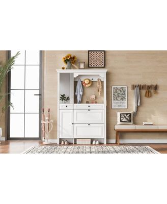 54.7in Hall Tree 4in1 Entryway Storage Shoe Cabinet Mirror Hooks Bench