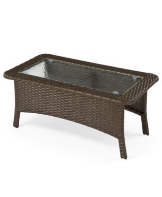 Outdoor Wicker Coffee Table with Hammered Glass Top, Hand PE Rattan Wicker Patio Furniture Set, All-Weather Rectangular Patio Table
