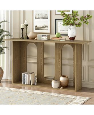 Modern Curved Ash Veneer Console Table With Shelf For Hallway Foyer Corridor