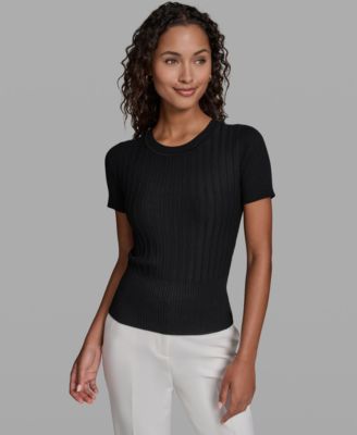 Women's Ribbed Short-Sleeve Crew Neck Sweater