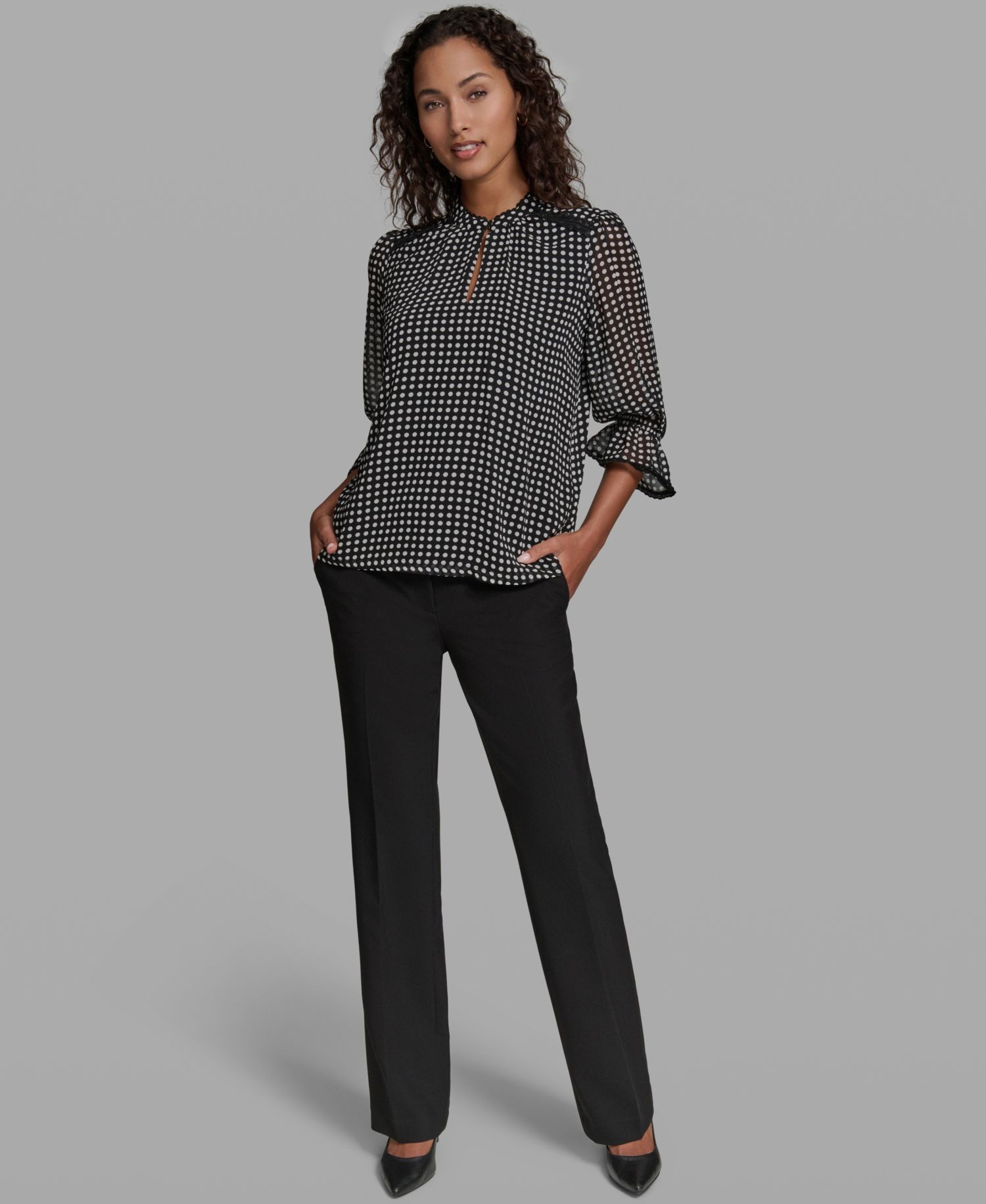 Women's Front Keyhole Polka Dot Woven Blouse