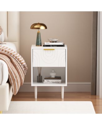 Modern White Nightstand with Gold Handle One Drawer and Open Shelf