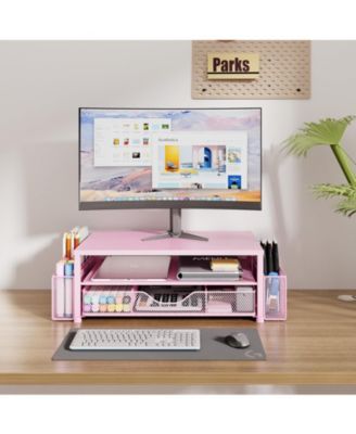 2-tier Monitor Stand Riser Desk Organizer With Drawer Pen Holder