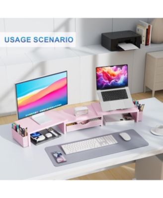 Dual Monitor Stand Riser Desk Organizer Drawer 2 Pen Holders Shelf