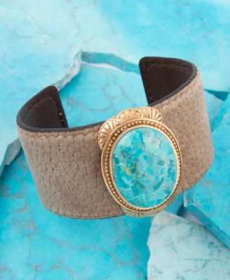 Blue Turquoise Velvet Cuff Golden Bracelet