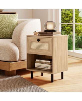 Rattan Nightstand Boho End Table with Rattan Drawer and Open Shelf
