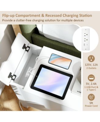 Flip Top End Table with Charging Station USB Ports Outlets and Drawer