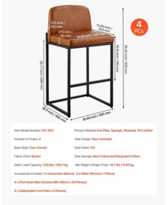 27 in Counter Height PU Leather Bar Stool Set of 4 with Backrest and Metal Legs