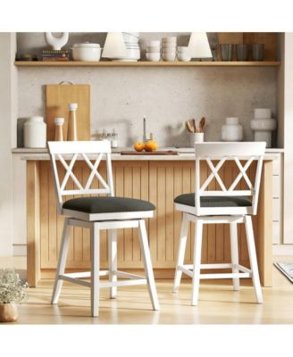 24 in Swivel Counter Height Bar Stool Set of 2 with Linen Cushion and Curved Backrest