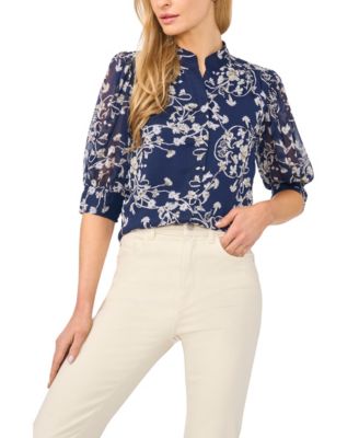 Women's Floral Collared Neck 3/4-Sleeve Blouse