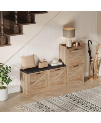 Shoe Storage Bench with 4 Flip Drawers and Padded Seat for Entryway