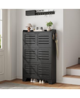 Slim Shoe Cabinet with 2 Flip Drawers and Side Hooks, Deep Entryway Storage