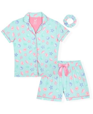 Girls' 6-16 Aqua Seashell Top and Shorts Sleep & Play, with Scrunchie, 3-Piece Set