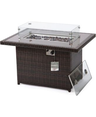 Mace 44" Outdoor Fire Pit Table - 55,000 BTU Propane Gas Fire Table with Wicker Frame, Tempered Glass Wind Guard and Crystal Glass Beads