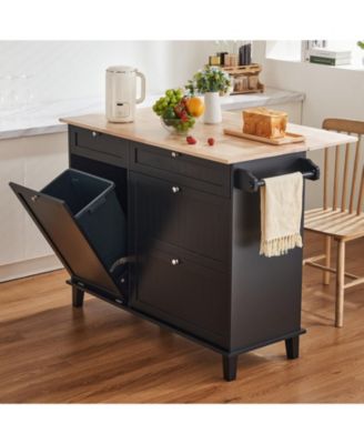 50in Wood Top Kitchen Island Cart with Trash Cabinet and 4 Drawers Farmhouse Dining Table
