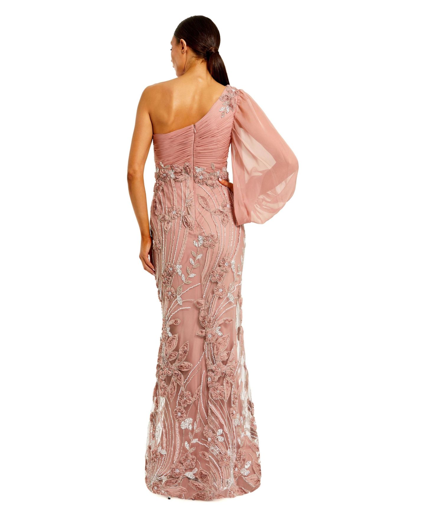 Женские платья Mac Duggal Chiffon Gown with Embroidered Floral Skirt, цвет: Мокко — фото 2