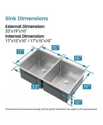 33 x 19 Inch Embedded Double Bowl Kitchen Sink Undermount Handmade Brushed Stainless Steel