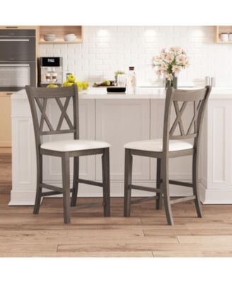 24 in Cross-Back Linen Fabric Counter Height Bar Stool Set of 2 with Upholstered Seat