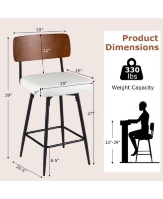 27 in Padded Swivel Counter Height Bar Stool Set of 2 with Curved Backrest and Metal Frame