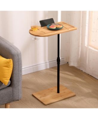 Adjustable Bamboo C-Shaped Couch Tray Table Coffee Table with Oval and Rectangle Design