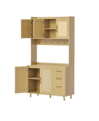 Kitchen Pantry Cabinet with Rattan Doors and Storage Drawers