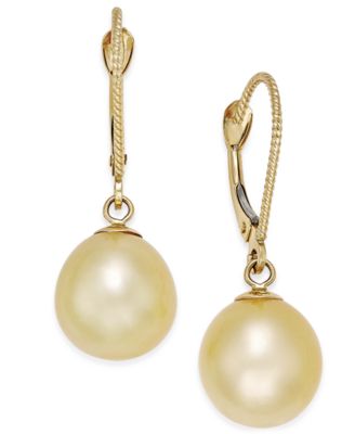 Macy's Cultured Oval Golden South Sea Pearl (9mm) Drop Earrings in 14k ...
