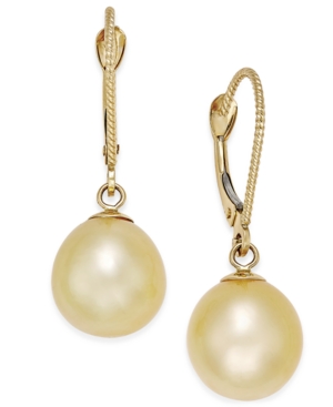 image of Cultured Oval Golden South Sea Pearl (9mm) Drop Earrings in 14k Gold