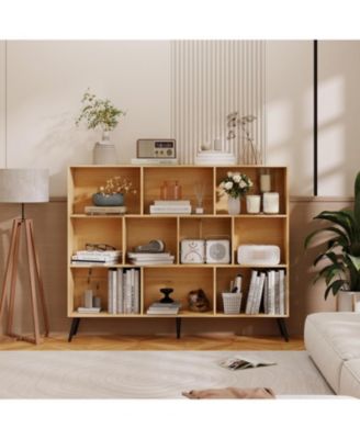 10 Cube Bookshelf, 3 Tier Modern Wide Bookcase with Legs, Mid-Century Wood Bookshelves Storage, Natural Large Book Case