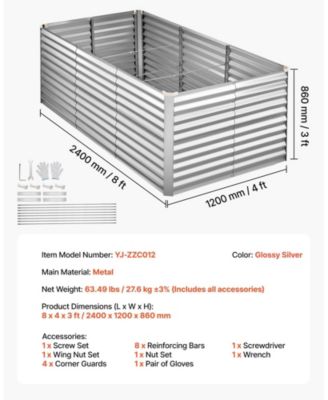 Galvanized Raised Garden Bed 8 x 4 x 3 ft Rectangular Elevated Planter Box for Vegetables