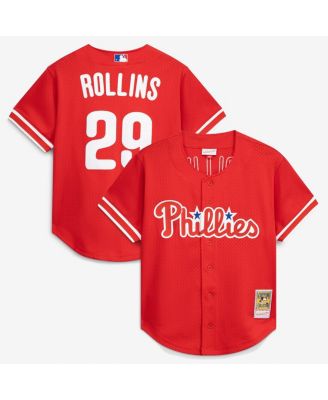 Men's Jimmy Rollins Red Philadelphia Phillies Cooperstown Mesh Batting Practice Button-Up Jersey