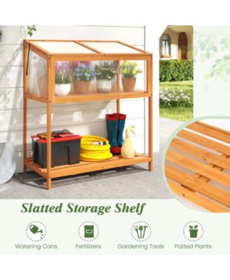 Wood Cold Frame Greenhouse with Transparent Openable Roof and Slatted Storage Shelf