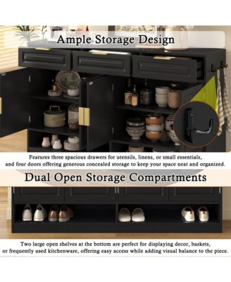 Farmhouse Sideboard Buffet Cabinet - 3 Drawers, 4 Doors, Adjustable Shelf and Open Compartments for Dining Room, Living Room